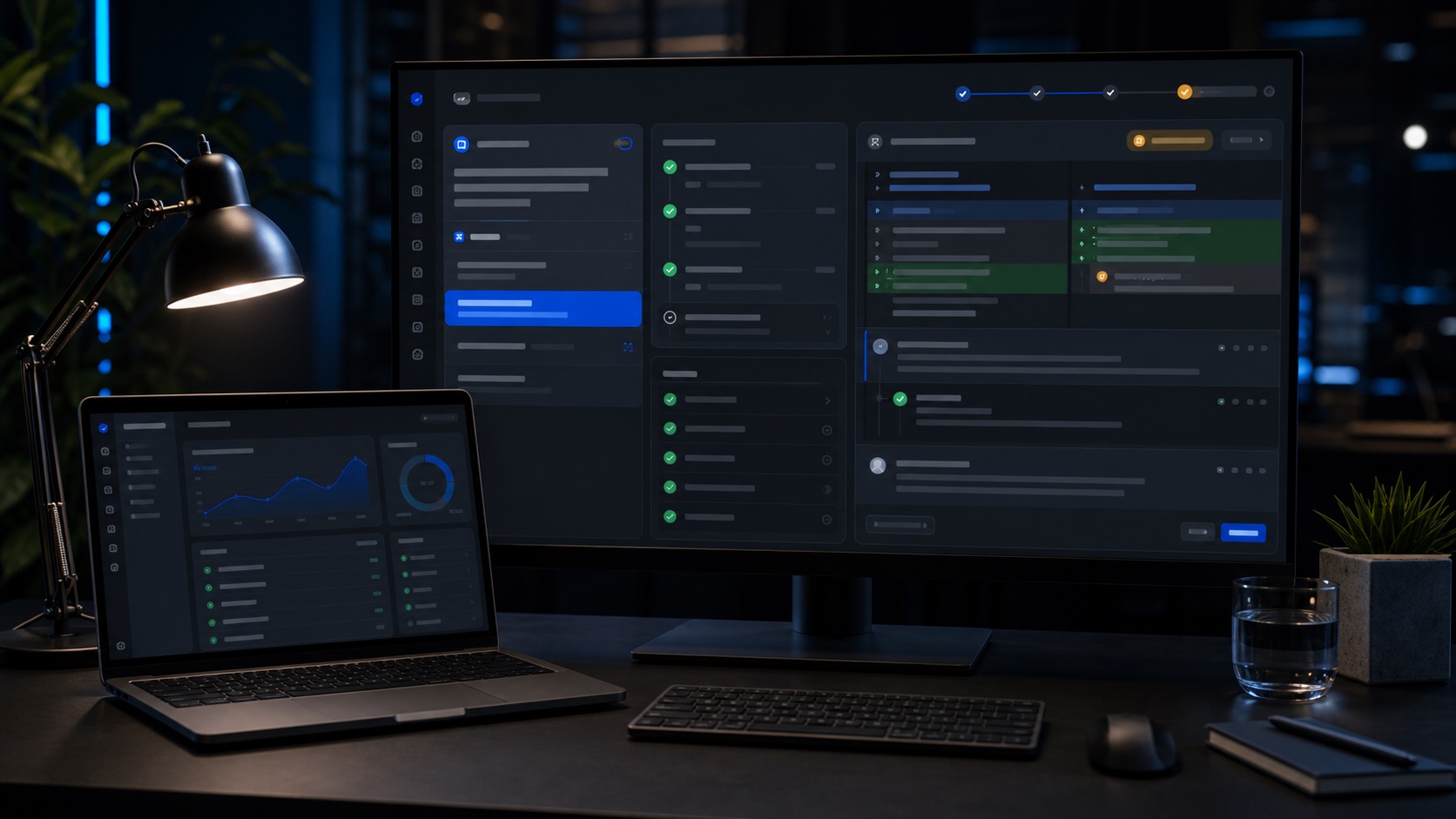 Dark Specship AI coding agent workbench with issue cards, test status, pull request review panels, and deployment state.