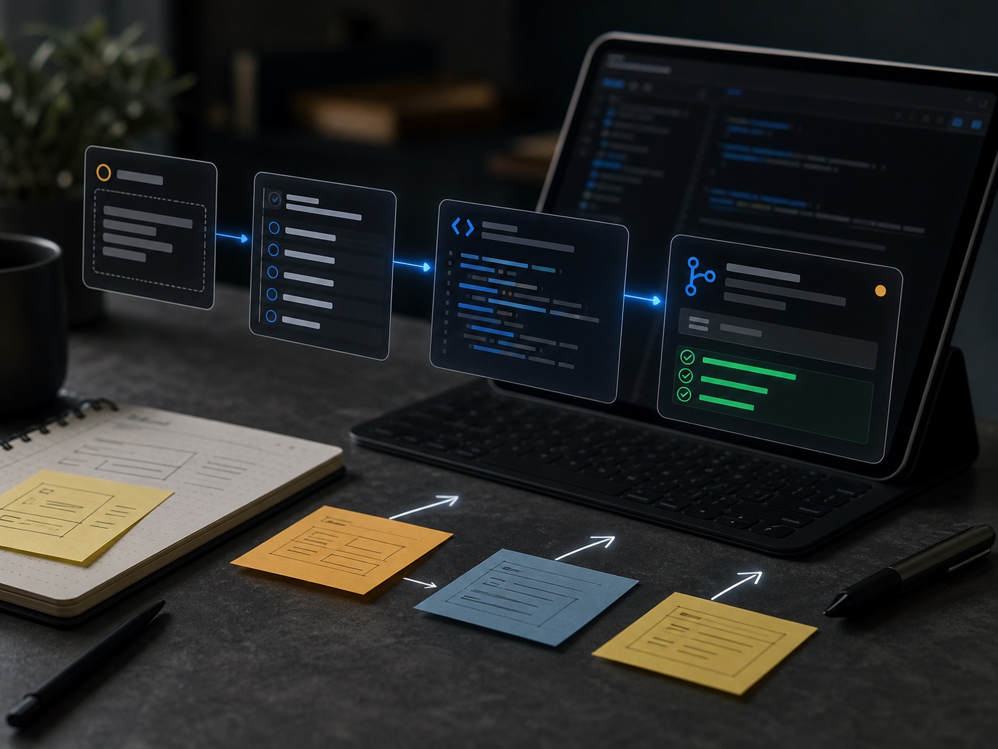 Specship workflow visual showing a request moving from ticket to acceptance criteria, code, pull request, and passing tests.